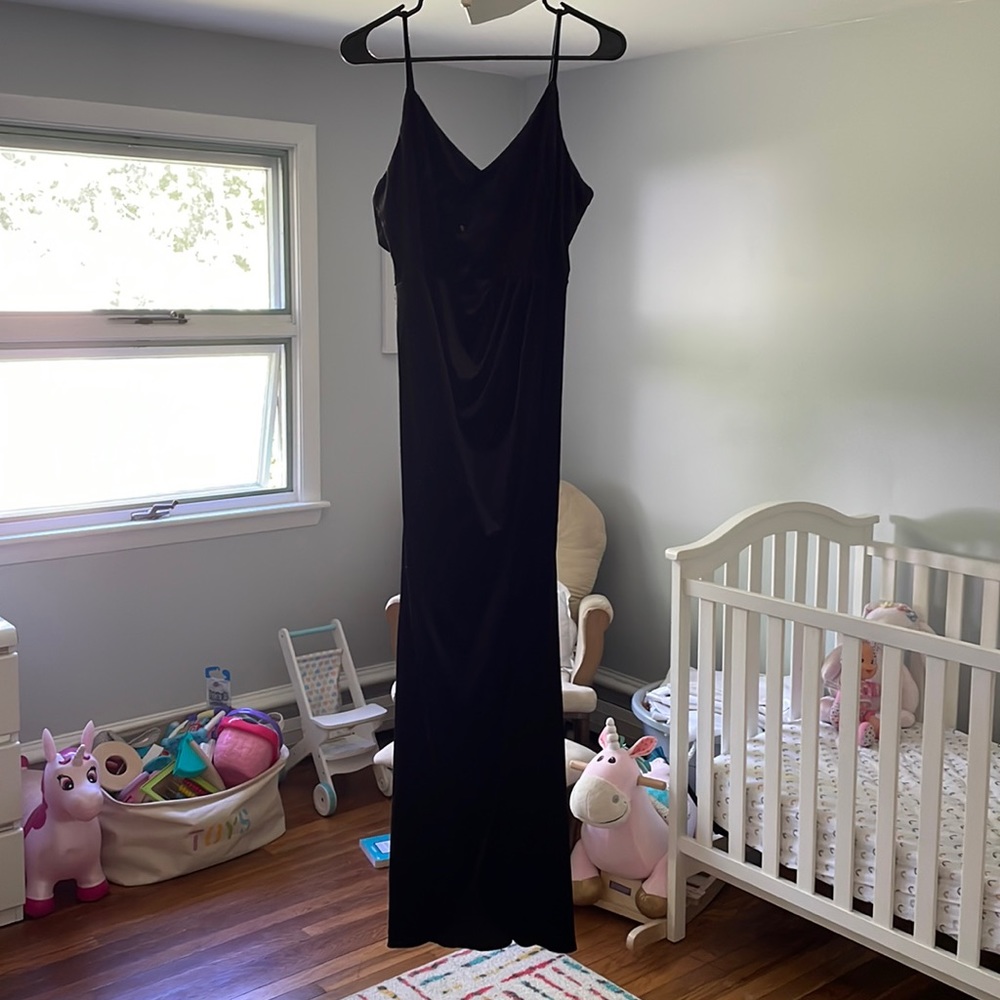 Black velvet spaghetti strap dress